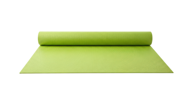 Green yoga mat rolled on transparent background for fitness and exercise