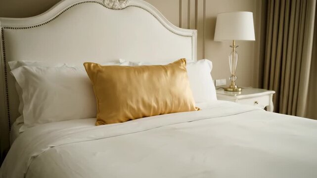 Elegant Hotel Room Interior - A neatly made bed with crisp white linens and a gold pillow sits as the focal point of this well appointed hotel room.