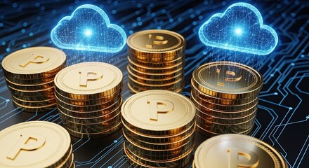 Stunning digital currency stacks glow beneath futuristic clouds