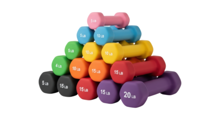 Colorful dumbbell pyramid with weights from 4 to 20 pounds on transparent background