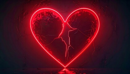 Neon red heart with cracks, dramatic lighting