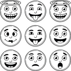 Nine cartoon emoticons with different expressions in black and white style