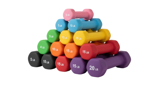 Colorful dumbbell pyramid with weights from 4 to 20 pounds on transparent background