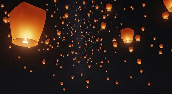 Thousands of vibrant orange sky lanterns illuminate the starry night