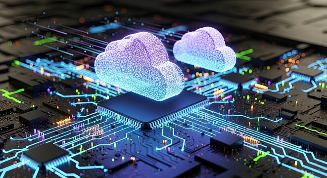 Dynamic digital clouds float above glowing circuit board representing