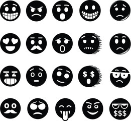 Set of diverse black and white emoji vector icons collection