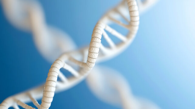 DNA strand on blue background. Double helix with white segments. Genetic code representation. Science concept, molecular biology, genetics studies.