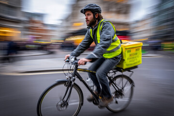 A man in a yellow vest rides a bicycle down a street