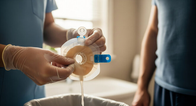 A compassionate nurse provides essential medical assistance to a patient, carefully emptying a colostomy bag as part of a daily stoma care routine