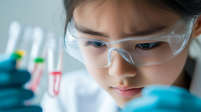 Focused student in a laboratory setting, wearing safety goggles and gloves, examining test tubes with colored solutions, representing education and scientific exploration.