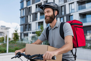 A man with a beard is riding a bicycle with a red box on the back