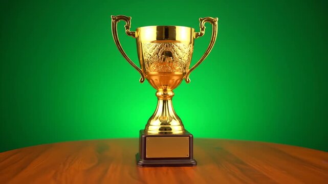 Golden Trophy Award - A golden trophy sits on a wooden table against a bright green background. The trophy has decorative patterns on its body and two handles, resting on a dark base with a blank