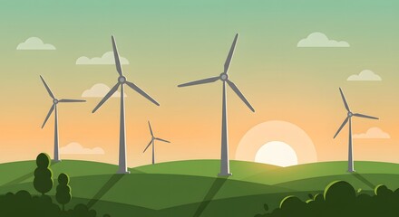 Fototapeta premium Illustration depicts wind turbines on a grassy hill at sunset, promoting clean energy.
