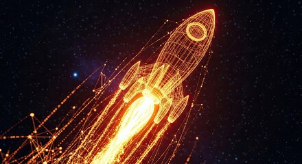 Dynamic wireframe rocket blasting off with vibrant fiery exhaust