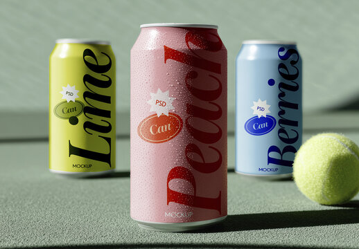 Colorful Beverage Cans Mockup on Green Court