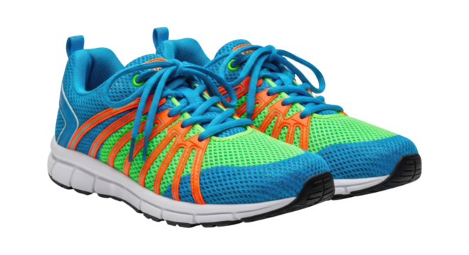 Bright colorful athletic running shoes with blue and green mesh design