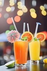 Two Colorful Cocktails with Orange Slices and Umbrellas