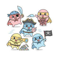 Cute cartoon pirate characters with swords ships and flags adventures vector