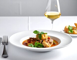 Seafood stew in a white plate, garnished with herbs, alongside bread and wine