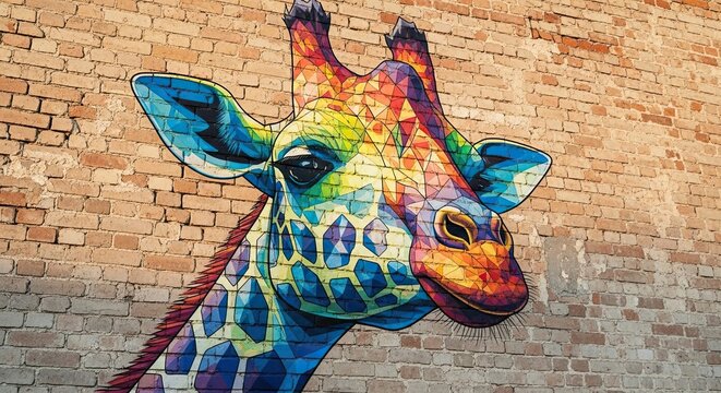 Vibrant geometric giraffe mural bursts with color on textured brick