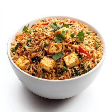 A tasty paneer biryani serves in a dish