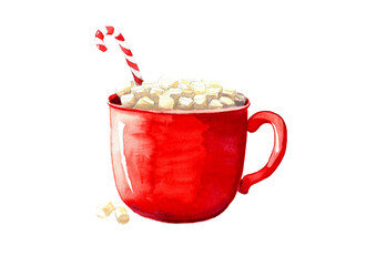 A watercolor illustration of a bright red mug filled with hot cocoa or chocolate, topped with mini marshmallows and a festive red and white striped candy cane. Cozy, sweet winter drink art