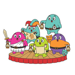 Cute cartoon characters performing lively together holding lanterns and sword vector