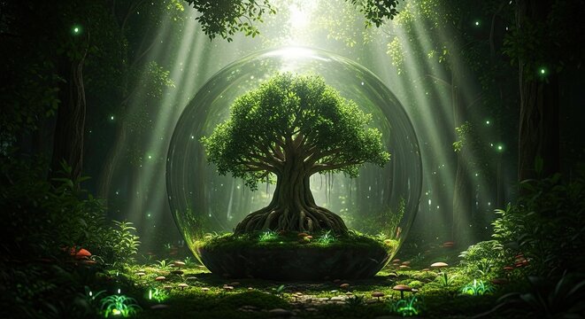 Enchanting ancient tree thrives protected within a luminous glass orb
