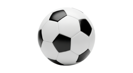 Classic black and white soccer ball on transparent background with hexagonal pattern