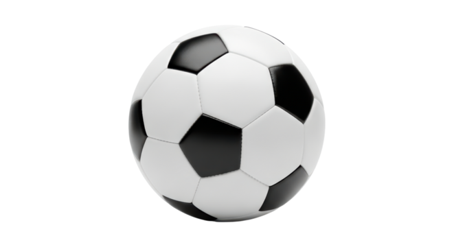 Classic black and white soccer ball on transparent background with hexagonal pattern