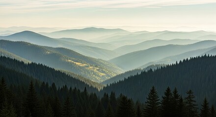 Obraz premium Serene mountain range bathed in soft morning light showcasing layered
