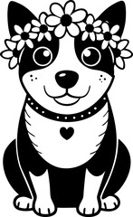  Dog with flower crown, vector  icon, black and white, white background