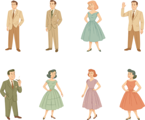 A stylish set of retro 1950s men and women characters dressed in vintage suits and dresses, illustrated in classic mid-century cartoon style with warm pastel tones.