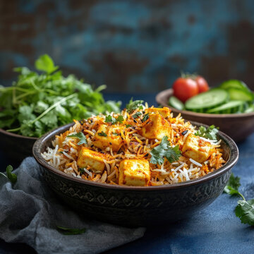 A tasty paneer biryani serves in a dish