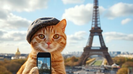 An orange tabby cat wearing a french berret is taking a selfie in front of the Eiffel Tower in Paris,