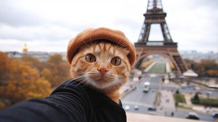 An orange tabby cat wearing a french berret is taking a selfie in front of the Eiffel Tower in Paris, 