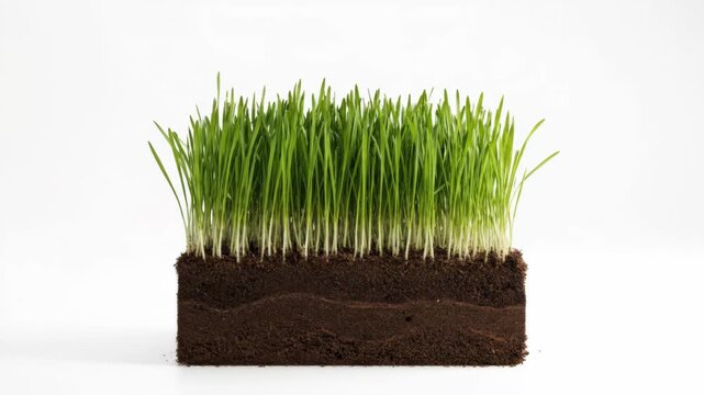 Grass Block with Soil - Close-up studio shot of a cube of soil with vibrant green grass growing out of the top, isolated on a white background.