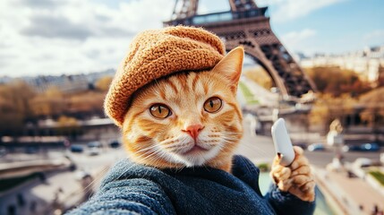 An orange tabby cat wearing a french berret is taking a selfie in front of the Eiffel Tower in Pari