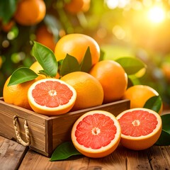 Freshly picked grapefruits in wooden crate