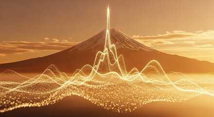 Stunning abstract golden waveform erupts from majestic snowy mountain