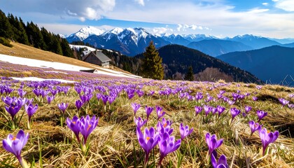 Alpine meadow ablaze with crocuses, a small cabin nestled at the base of snow-capped peaks under a vibrant blue sky
