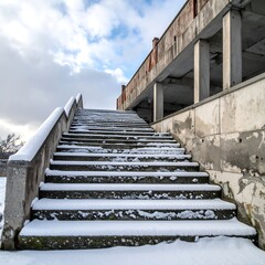 Snowy steps leading up to a decaying building.  A winter scene