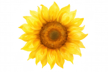 Sunflower head blooming, featuring vibrant yellow petals and a brown seed center, watercolor painting on transparent background