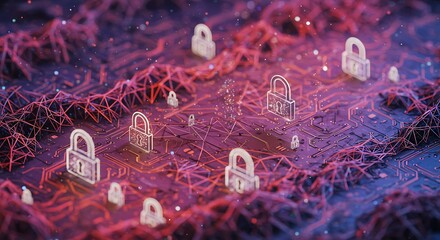 Cybersecurity network featuring glowing padlocks and circuit patterns, illustrating digital protection and data security for modern businesses