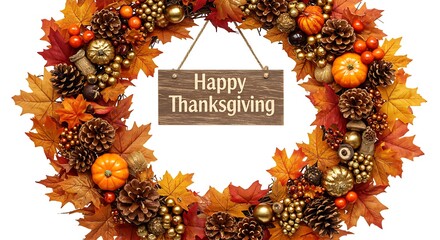 Celebrate a stunning Thanksgiving with this festive fall wreath featuring vibrant autumn leaves, pumpkins, and pinecones, perfect for seasonal decorations