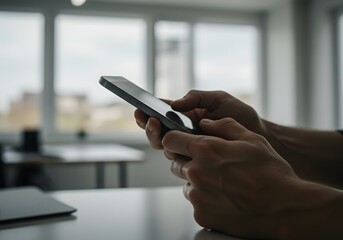 Person holding a smartphone indoors in a modern office setting. Focus on hands using the phone