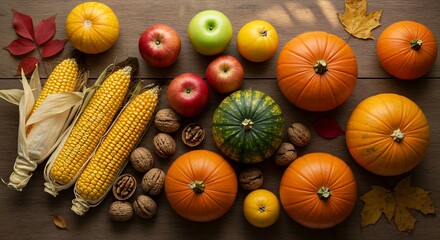 Celebrate Autumn Harvest with Fresh Pumpkins, Corn, and Apples for Thanksgiving and Fall Festival Decorations on Rustic Wood Table Background