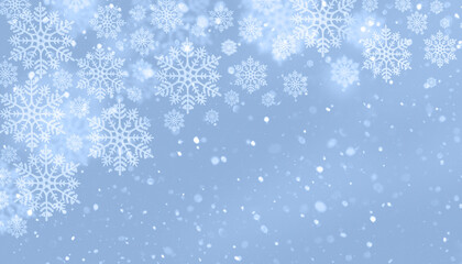 Winter blue background with falling snowflake pattern and festive, calm atmosphere for holiday design imagery