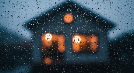 Dreamy rain backdrop with cozy home lights glowing warmly offers a serene, contemplative mood, perfect for conveying comfort and shelter from the storm