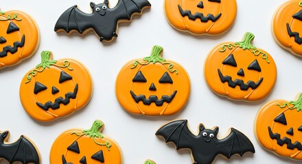 Delightful Halloween pumpkin and bat cookies for a spooky celebration, perfect for festive treats and themed party promotions this season